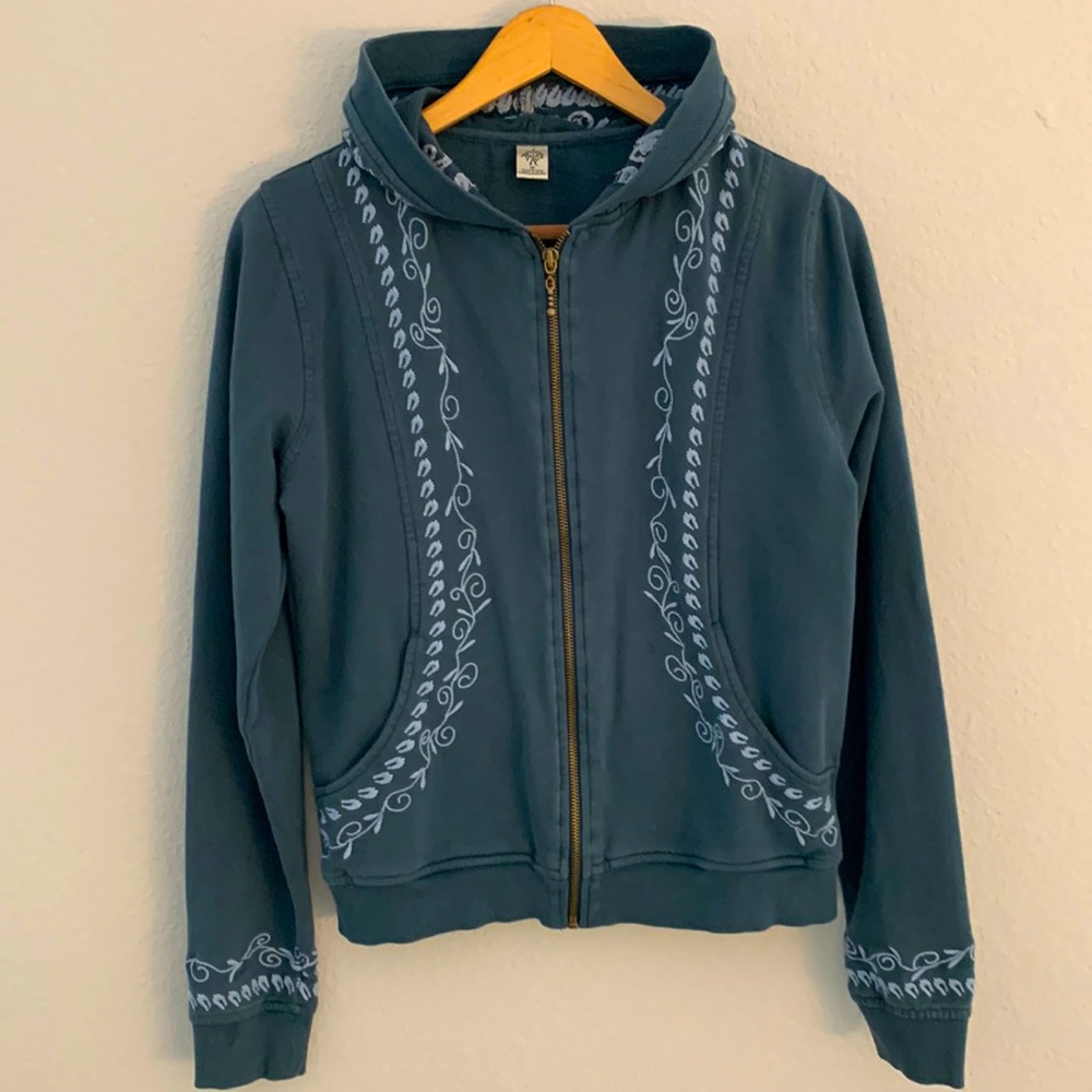 Prana Embroidered Hooded Cotton Zip Medium Steel Blueish (cuff stained, photo)